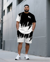Men's Plus Size Casual Black & White Ink Brush Chest Lion Small Label Fashion Round Neck Short Sleeve T-shirt Shorts Suit